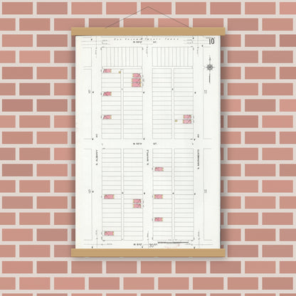 Old map wall art mockup — magnetic wood frame on brick wall — Sanborn Fire Insurance Map from Chicago, Cook County, Illinois (1920), Sheet #0010