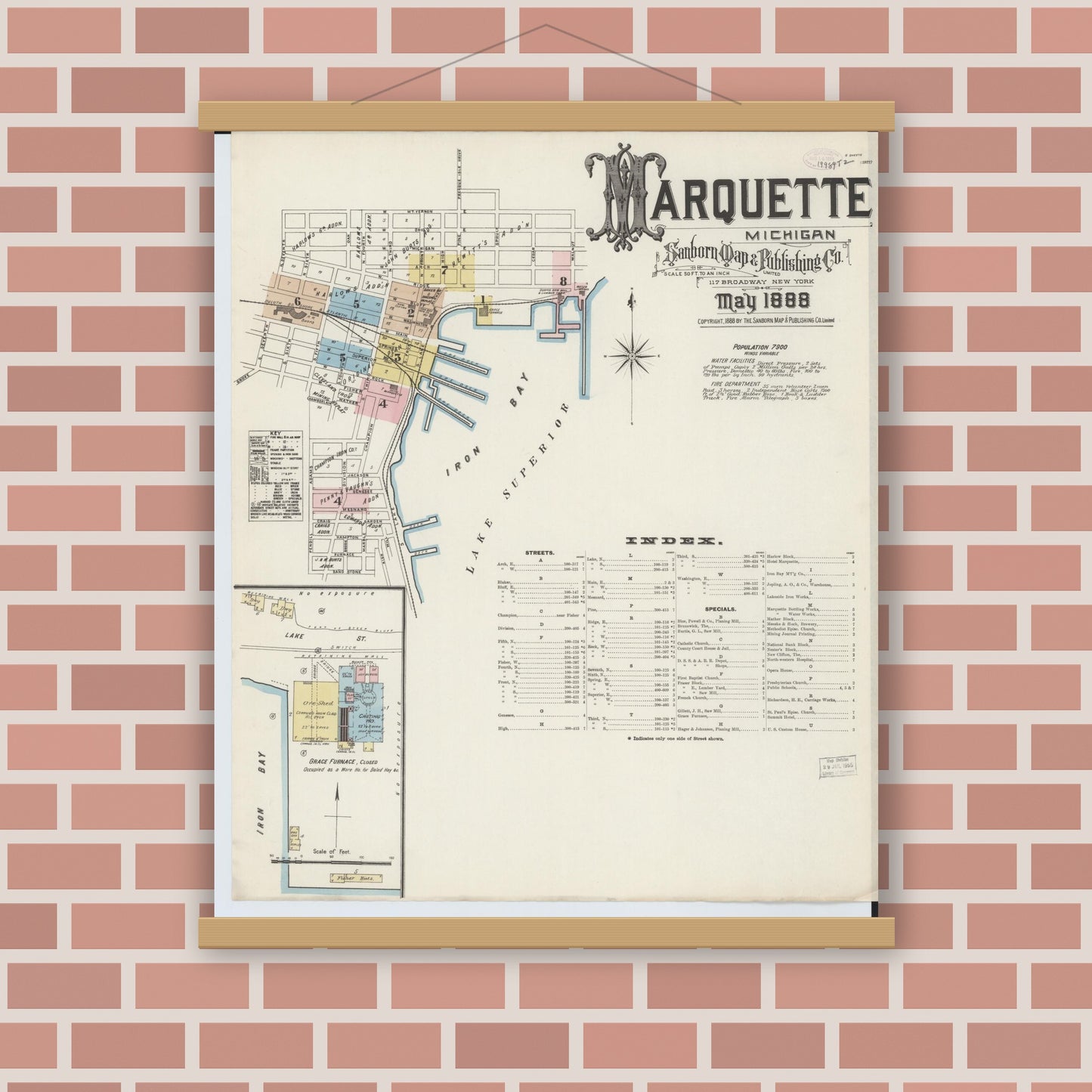 Old map wall art mockup — magnetic wood frame on brick wall — Sanborn Fire Insurance Map from Marquette, Marquette County, Michigan (1888) - Complete Map Set