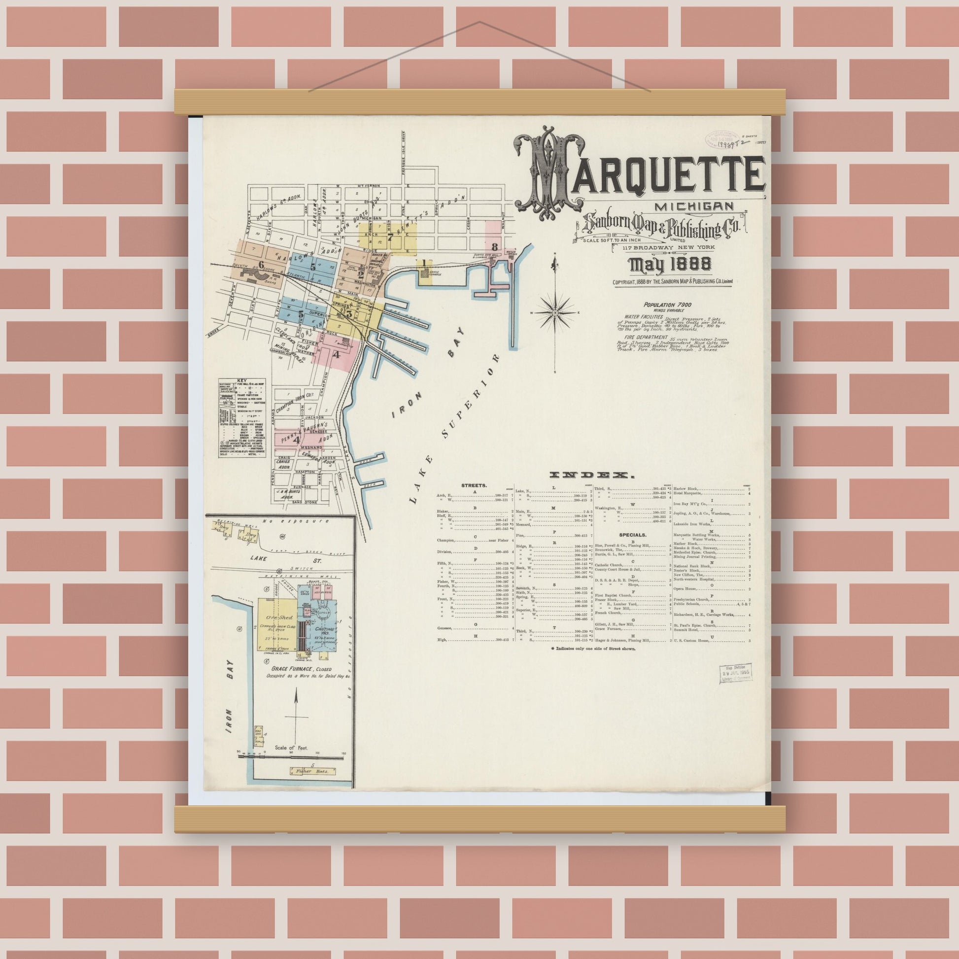 Old map wall art mockup — magnetic wood frame on brick wall — Sanborn Fire Insurance Map from Marquette, Marquette County, Michigan (1888) - Complete Map Set