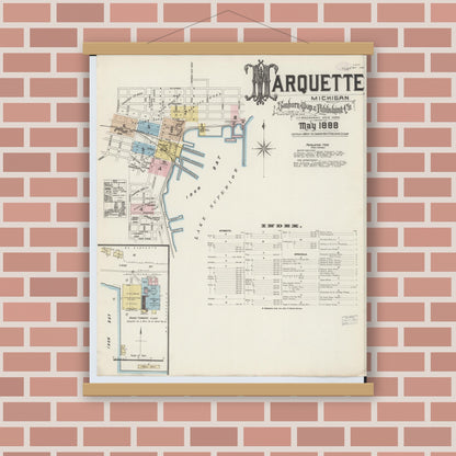 Old map wall art mockup — magnetic wood frame on brick wall — Sanborn Fire Insurance Map from Marquette, Marquette County, Michigan (1888) - Complete Map Set