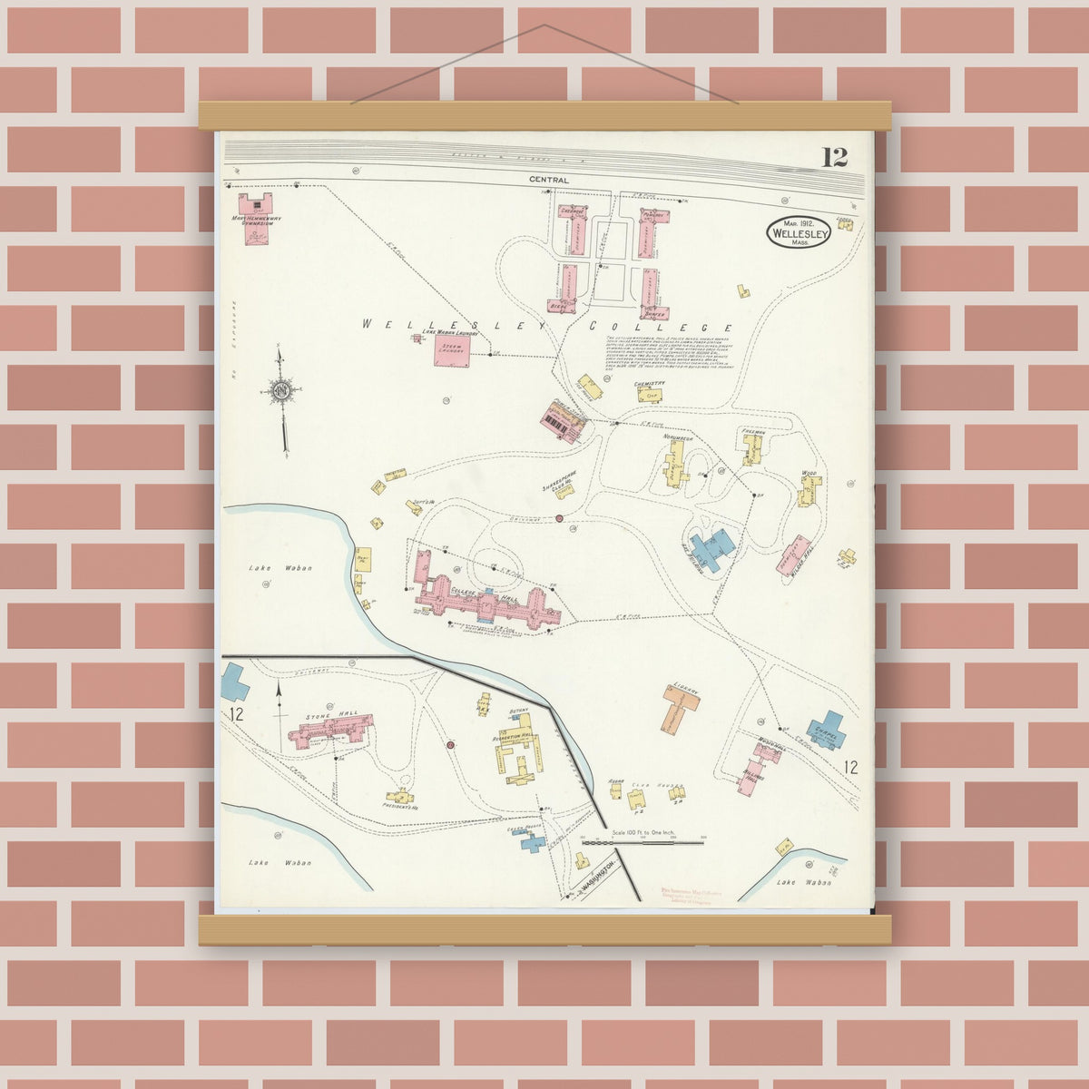 Old map wall art mockup — magnetic wood frame on brick wall — Sanborn Fire Insurance Map from Wellesley, Norfolk County, Massachusetts (1912), Sheet #0012