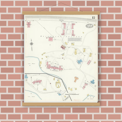 Old map wall art mockup — magnetic wood frame on brick wall — Sanborn Fire Insurance Map from Wellesley, Norfolk County, Massachusetts (1912), Sheet #0012