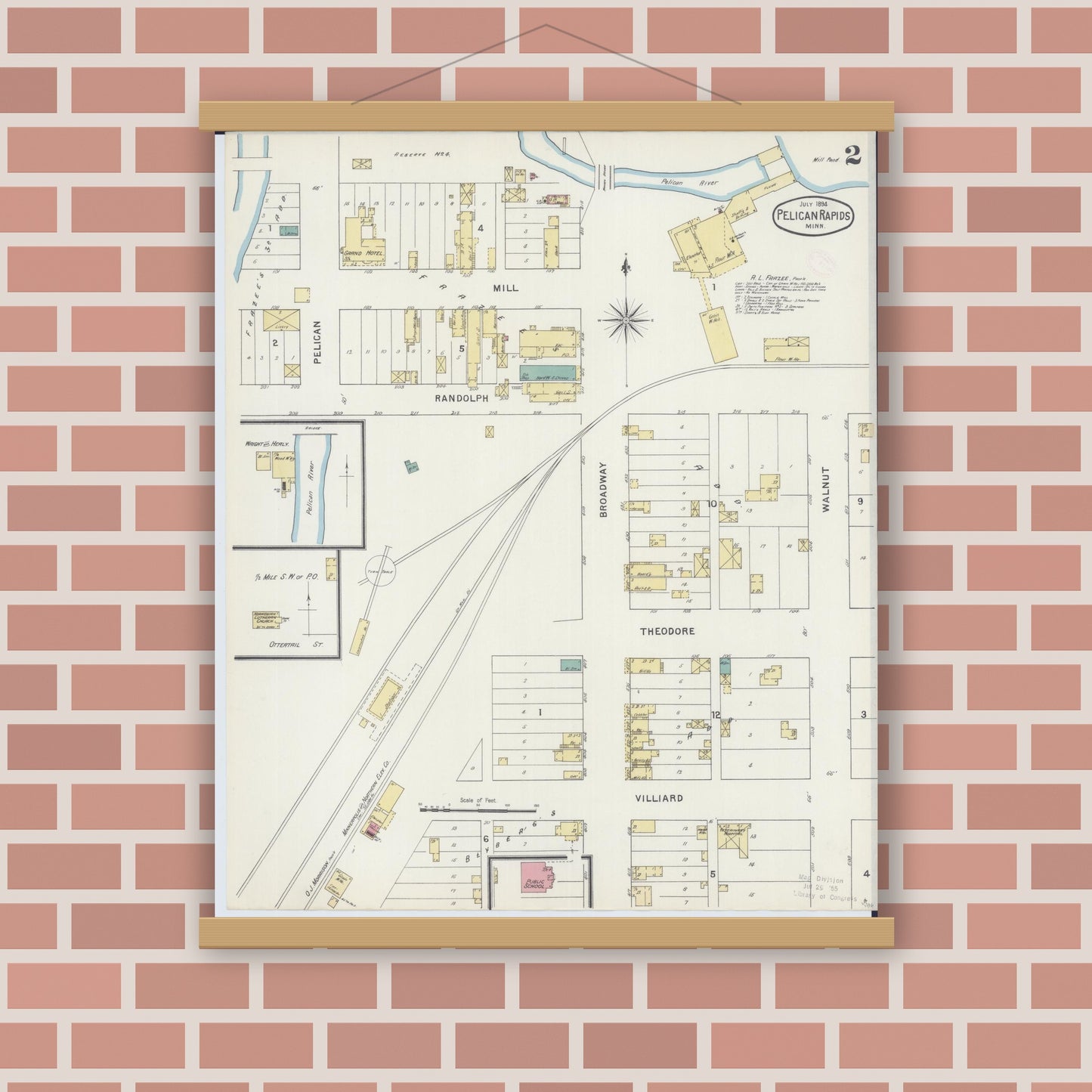 Old map wall art mockup — magnetic wood frame on brick wall — Sanborn Fire Insurance Map from Pelican Rapids, Otter Tail County, Minnesota (1894), Sheet #0002