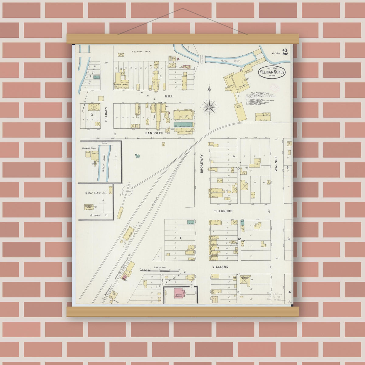 Old map wall art mockup — magnetic wood frame on brick wall — Sanborn Fire Insurance Map from Pelican Rapids, Otter Tail County, Minnesota (1894), Sheet #0002