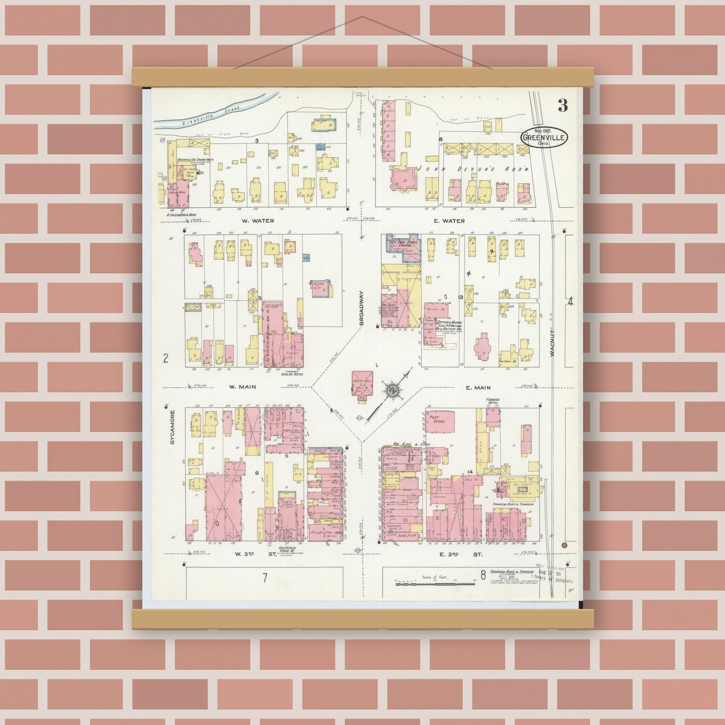 Old map wall art mockup — magnetic wood frame on brick wall — Sanborn Fire Insurance Map from Greenville, Darke County, Ohio (1910), Sheet #0003