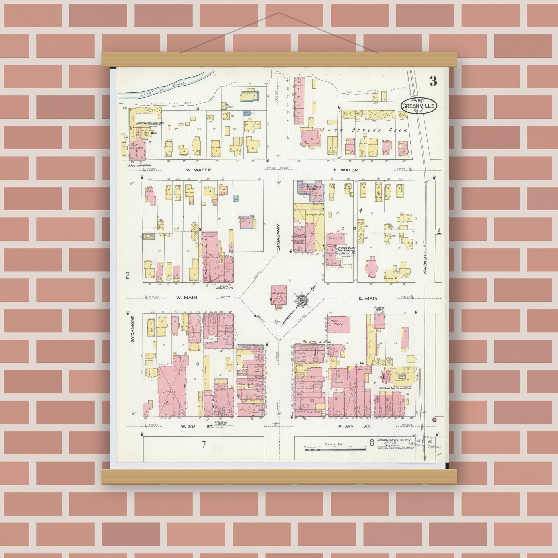 Old map wall art mockup — magnetic wood frame on brick wall — Sanborn Fire Insurance Map from Greenville, Darke County, Ohio (1910), Sheet #0003