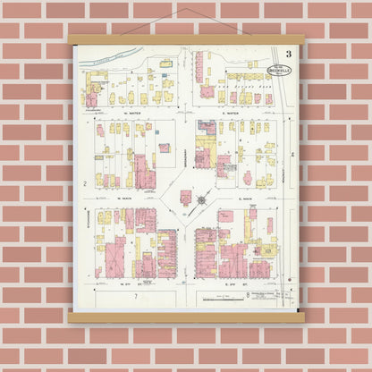 Old map wall art mockup — magnetic wood frame on brick wall — Sanborn Fire Insurance Map from Greenville, Darke County, Ohio (1910), Sheet #0003