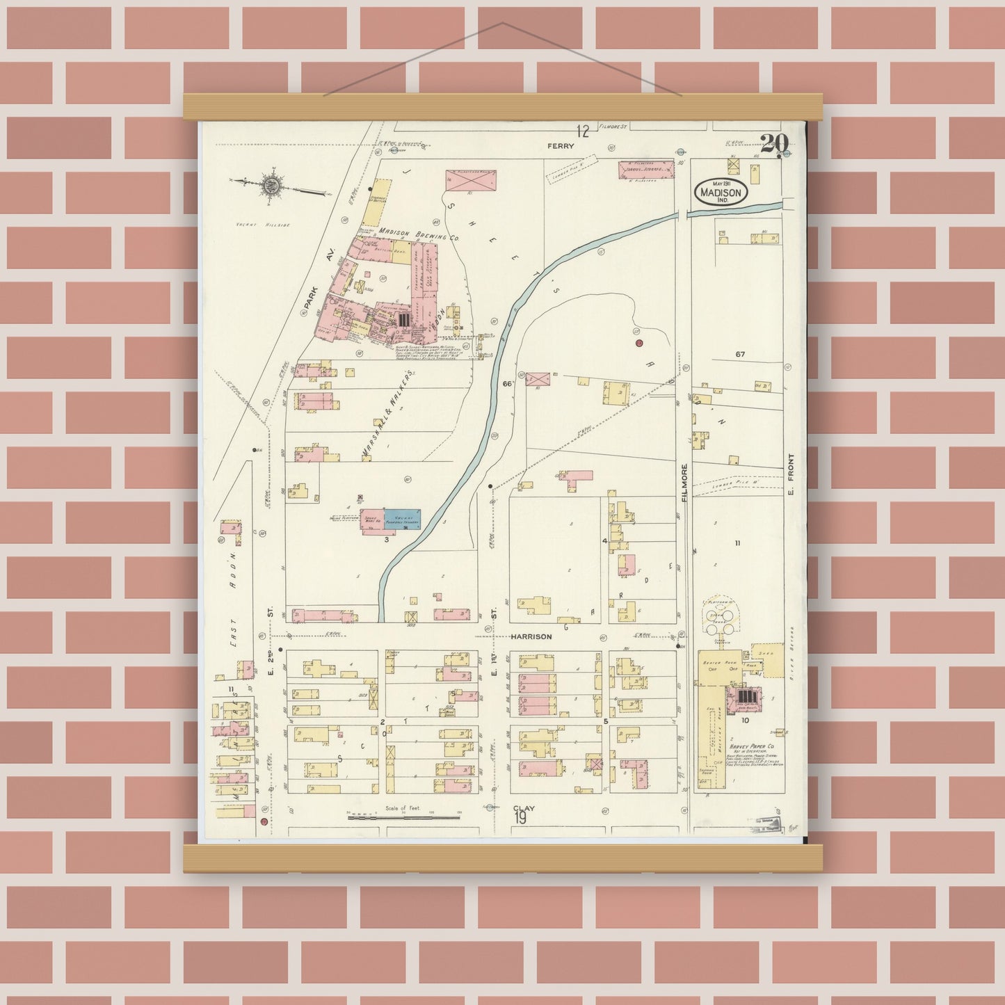 Old map wall art mockup — magnetic wood frame on brick wall — Sanborn Fire Insurance Map from Madison, Jefferson County, Indiana (1911), Sheet #0020
