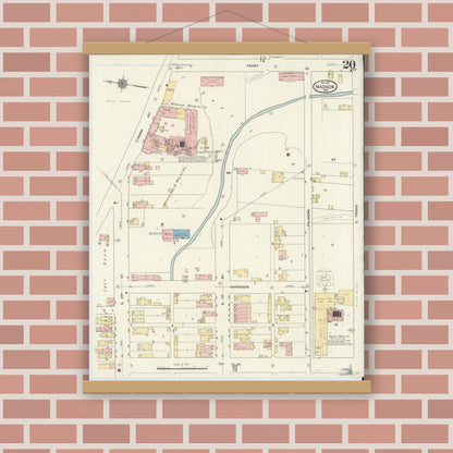 Old map wall art mockup — magnetic wood frame on brick wall — Sanborn Fire Insurance Map from Madison, Jefferson County, Indiana (1911), Sheet #0020