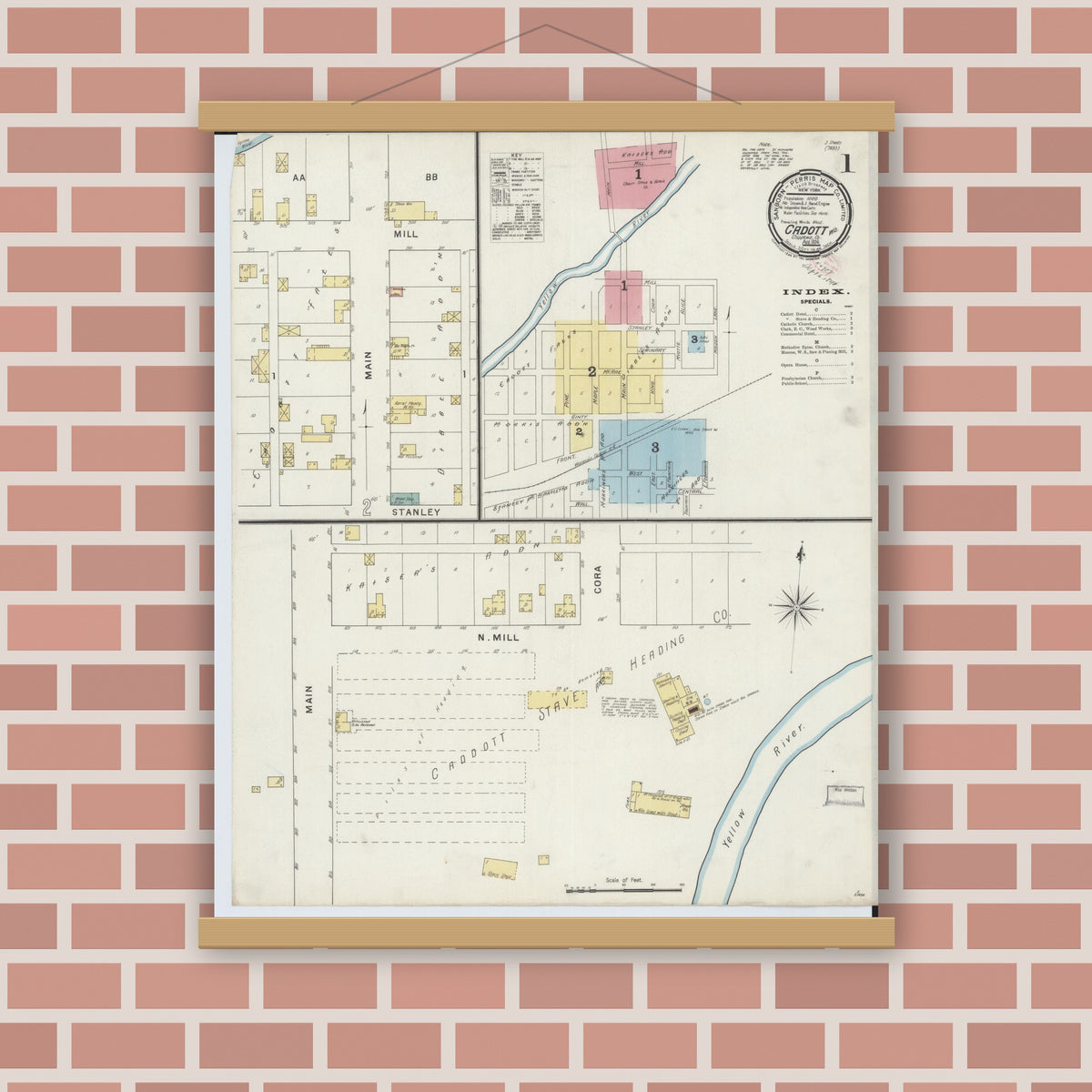 Old map wall art mockup — magnetic wood frame on brick wall — Sanborn Fire Insurance Map from Cadott, Chippewa County, Wisconsin (1894) - Complete Map Set