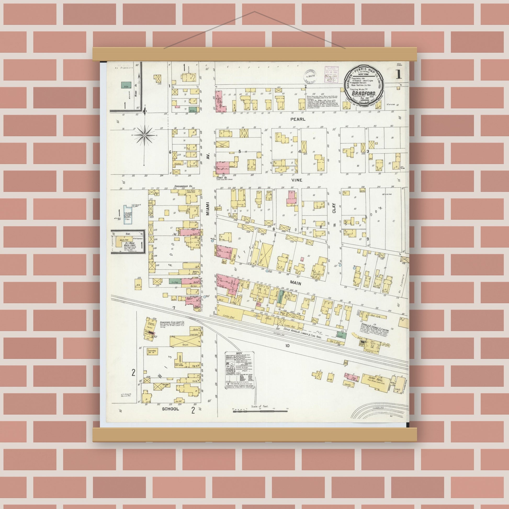 Old map wall art mockup — magnetic wood frame on brick wall — Sanborn Fire Insurance Map from Bradford, Darke and Miami Counties, Ohio (1901) - Complete Map Set