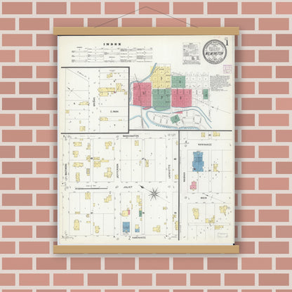 Old map wall art mockup — magnetic wood frame on brick wall — Sanborn Fire Insurance Map from Wilmington, Will County, Illinois (1907), Sheet #0001