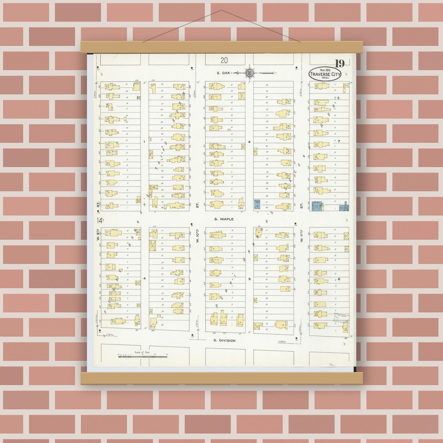Old map wall art mockup — magnetic wood frame on brick wall — Sanborn Fire Insurance Map from Traverse City, Grand Traverse County, Michigan (1910), Sheet #0019