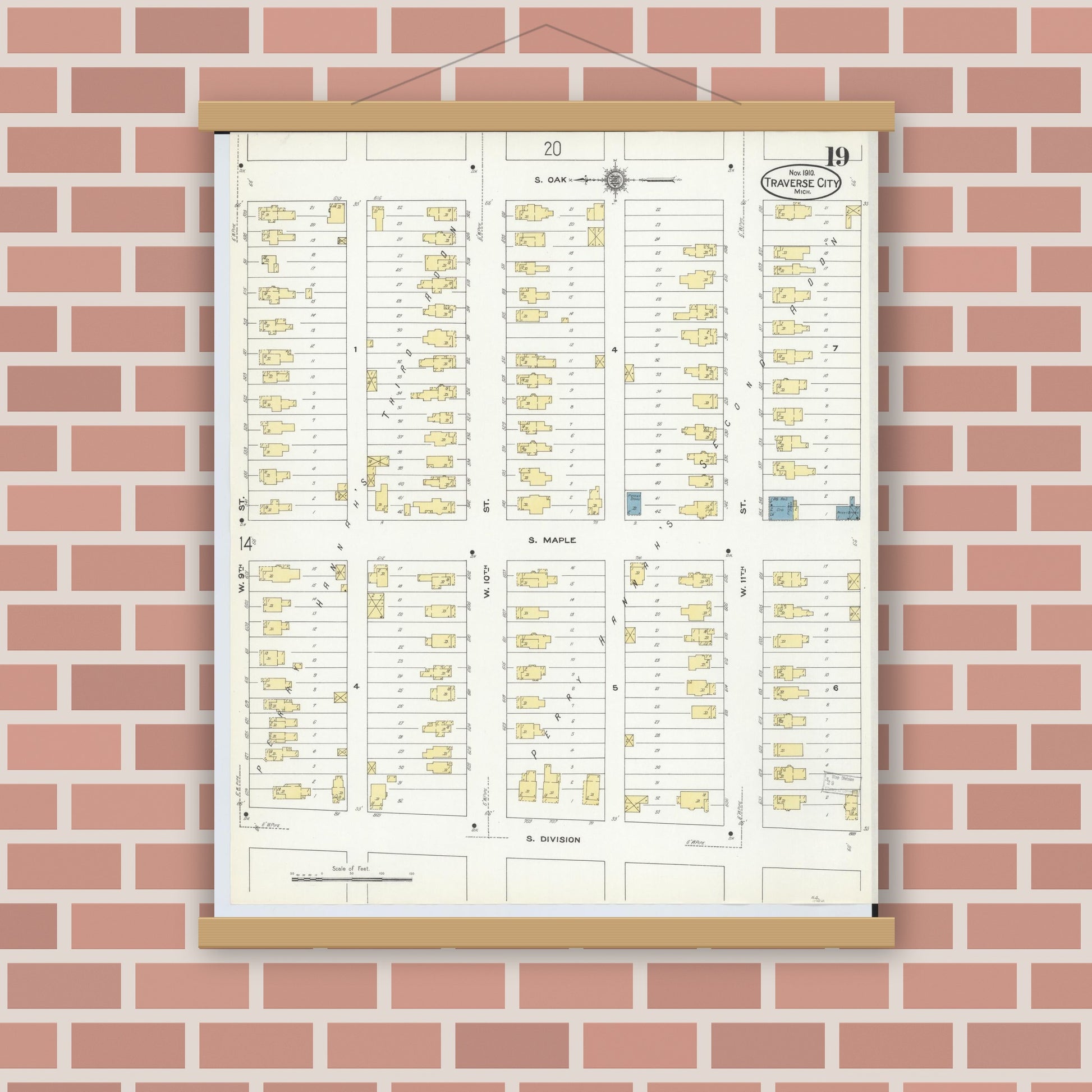 Old map wall art mockup — magnetic wood frame on brick wall — Sanborn Fire Insurance Map from Traverse City, Grand Traverse County, Michigan (1910), Sheet #0019