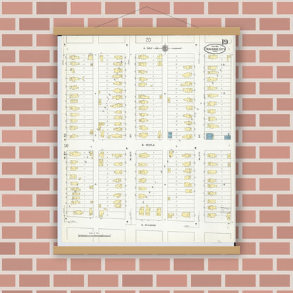 Old map wall art mockup — magnetic wood frame on brick wall — Sanborn Fire Insurance Map from Traverse City, Grand Traverse County, Michigan (1910), Sheet #0019