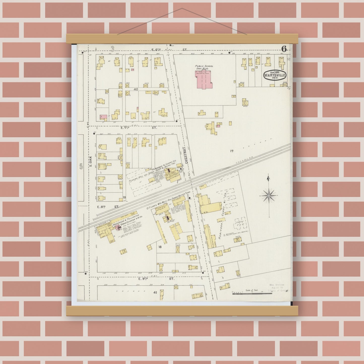 Old map wall art mockup — magnetic wood frame on brick wall — Sanborn Fire Insurance Map from Marysville, Union County, Ohio (1895), Sheet #0006