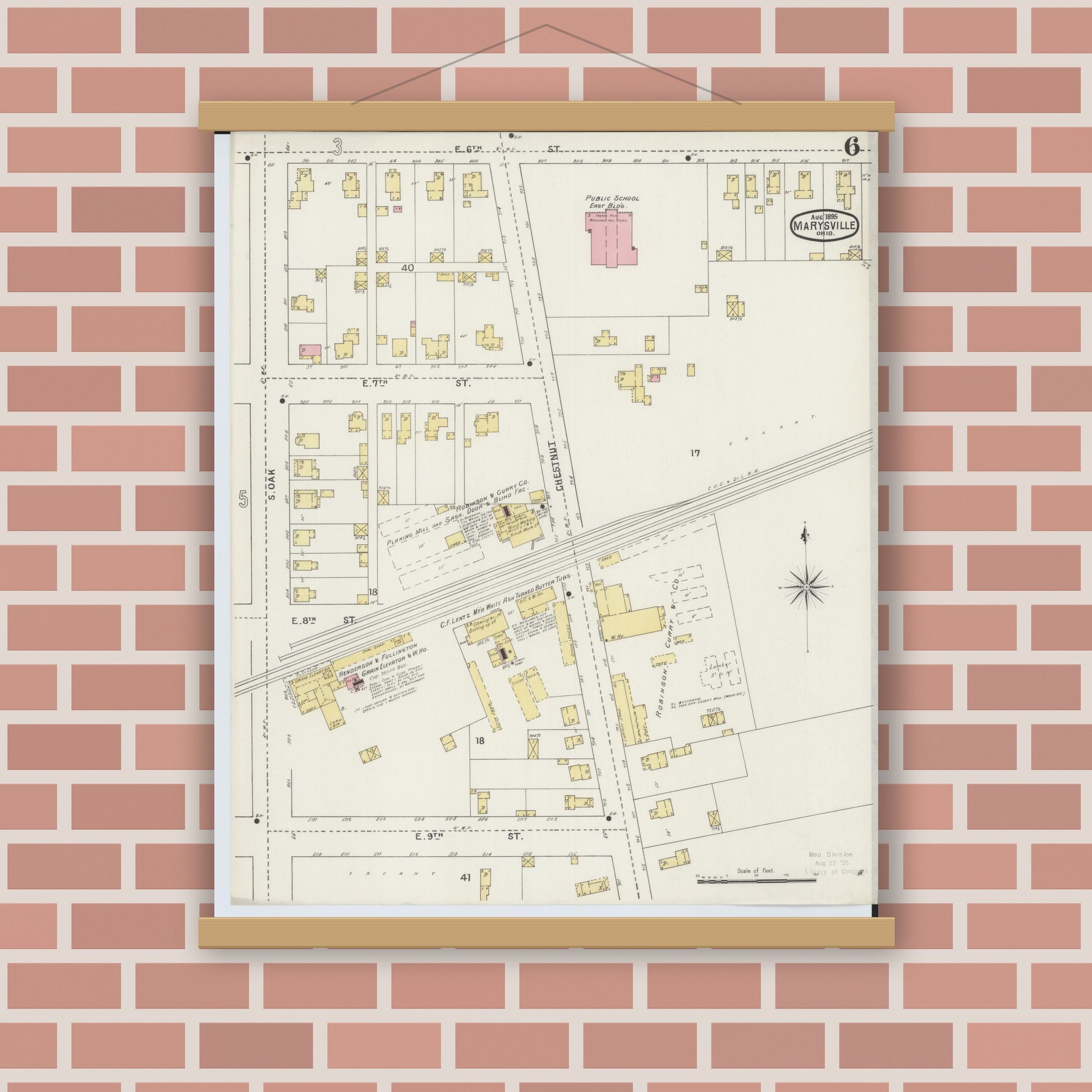 Old map wall art mockup — magnetic wood frame on brick wall — Sanborn Fire Insurance Map from Marysville, Union County, Ohio (1895), Sheet #0006