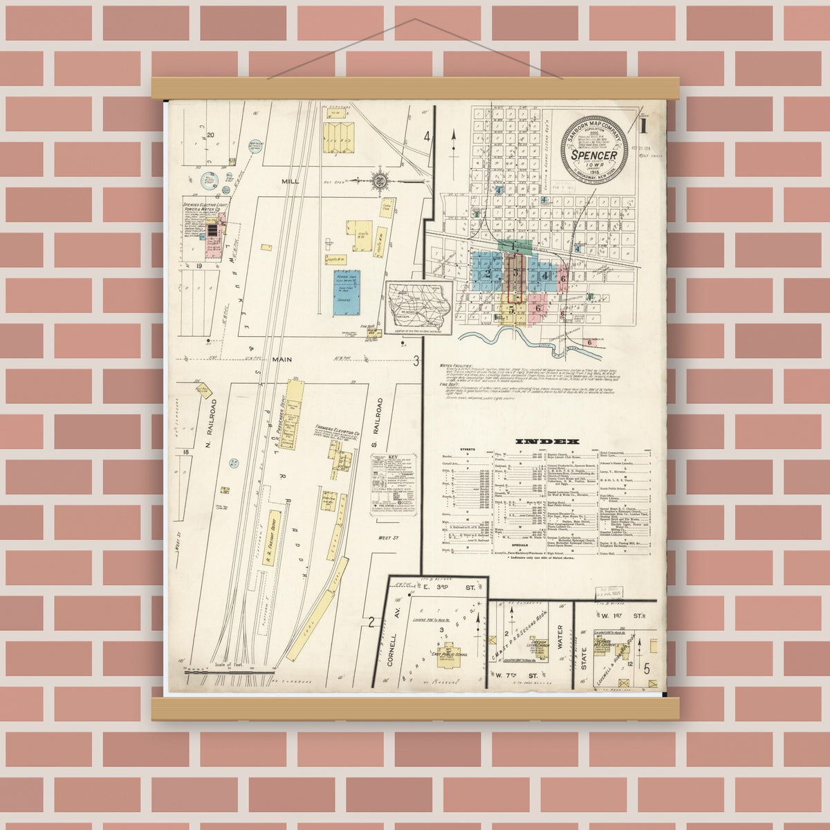 Old map wall art mockup — magnetic wood frame on brick wall — Sanborn Fire Insurance Map from Spencer, Clay County, Iowa (1915) â€” Complete Set