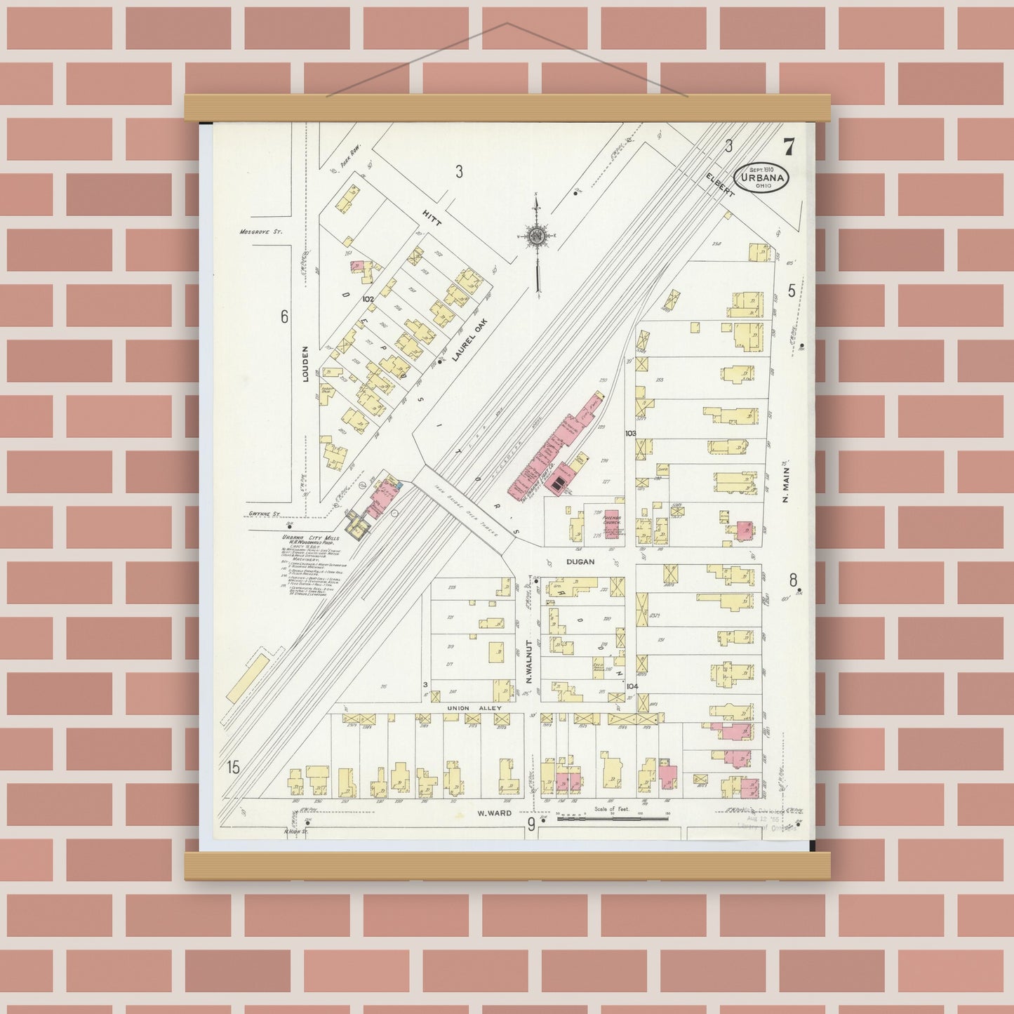Old map wall art mockup — magnetic wood frame on brick wall — Sanborn Fire Insurance Map from Urbana, Champaign County, Ohio (1910), Sheet #0007