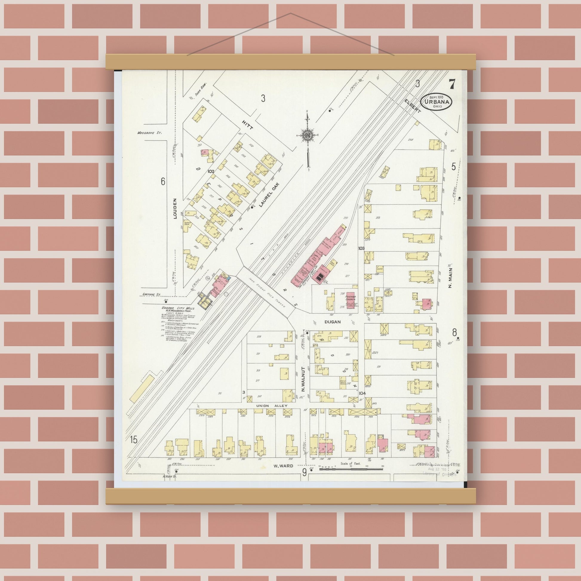 Old map wall art mockup — magnetic wood frame on brick wall — Sanborn Fire Insurance Map from Urbana, Champaign County, Ohio (1910), Sheet #0007