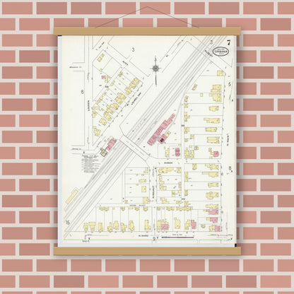 Old map wall art mockup — magnetic wood frame on brick wall — Sanborn Fire Insurance Map from Urbana, Champaign County, Ohio (1910), Sheet #0007