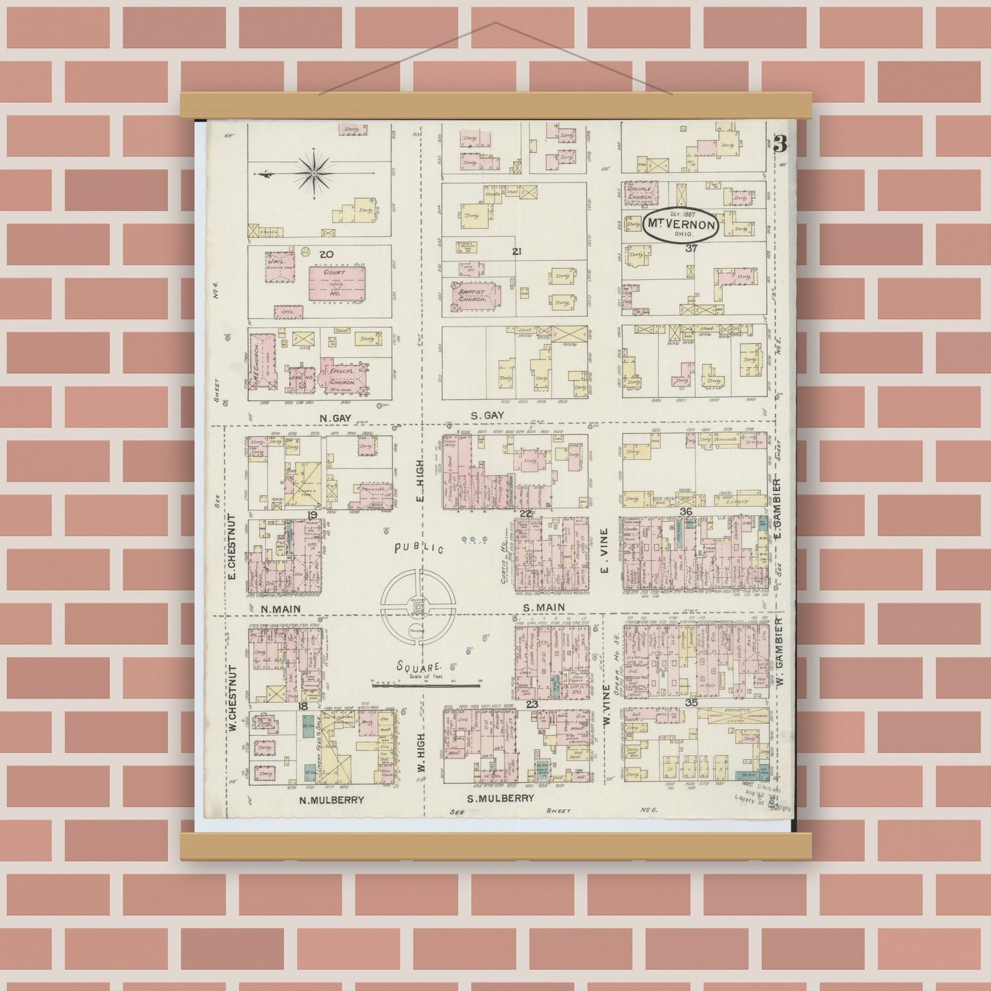 Old map wall art mockup — magnetic wood frame on brick wall — Sanborn Fire Insurance Map from Mount Vernon, Knox County, Ohio (1887), Sheet #0003