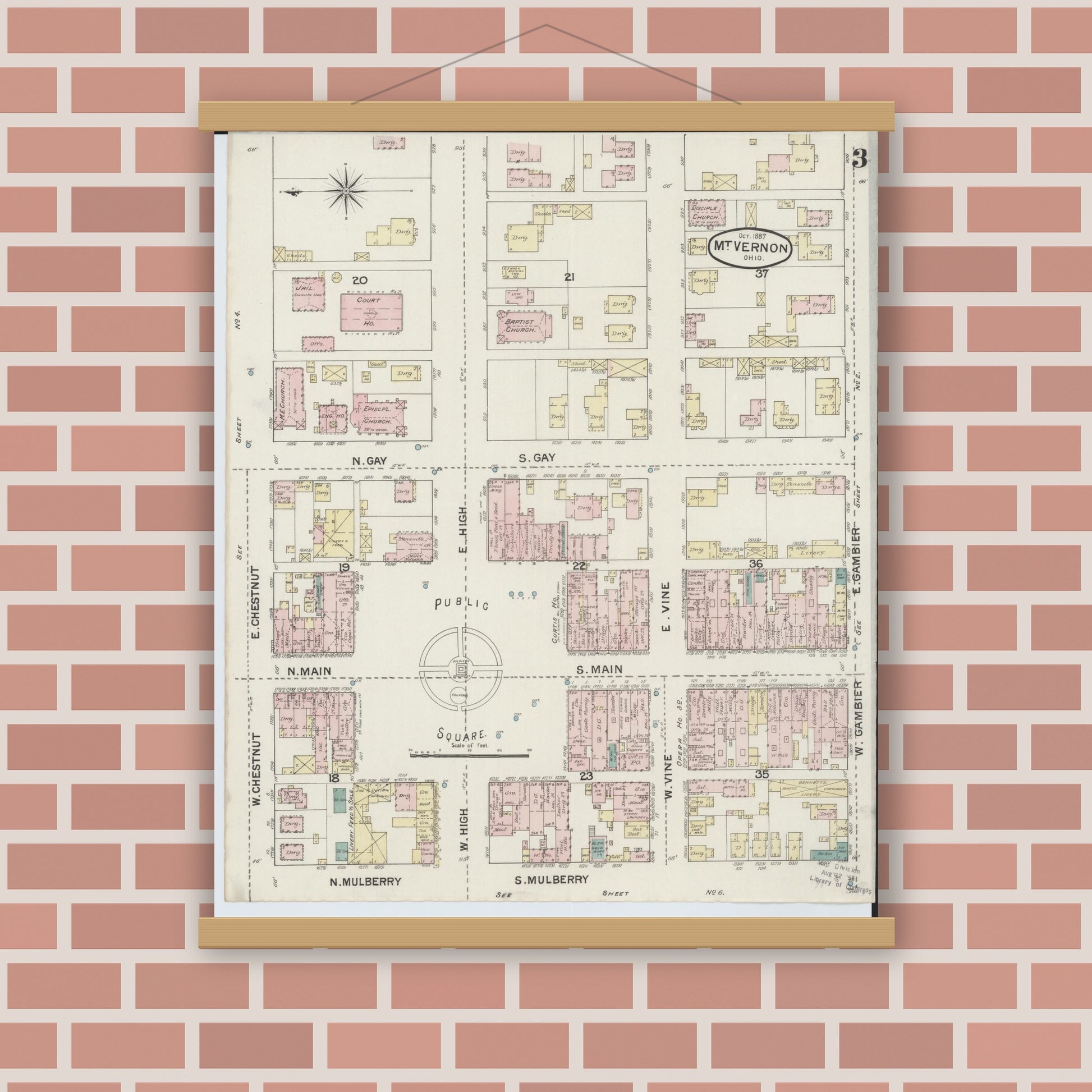 Old map wall art mockup — magnetic wood frame on brick wall — Sanborn Fire Insurance Map from Mount Vernon, Knox County, Ohio (1887), Sheet #0003