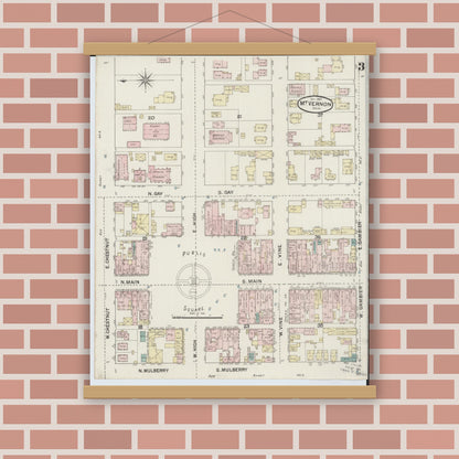 Old map wall art mockup — magnetic wood frame on brick wall — Sanborn Fire Insurance Map from Mount Vernon, Knox County, Ohio (1887), Sheet #0003