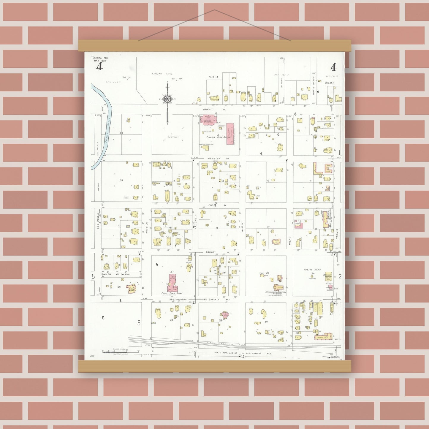 Old map wall art mockup — magnetic wood frame on brick wall — Sanborn Fire Insurance Map from Liberty, Liberty County, Texas (1938), Sheet #0004