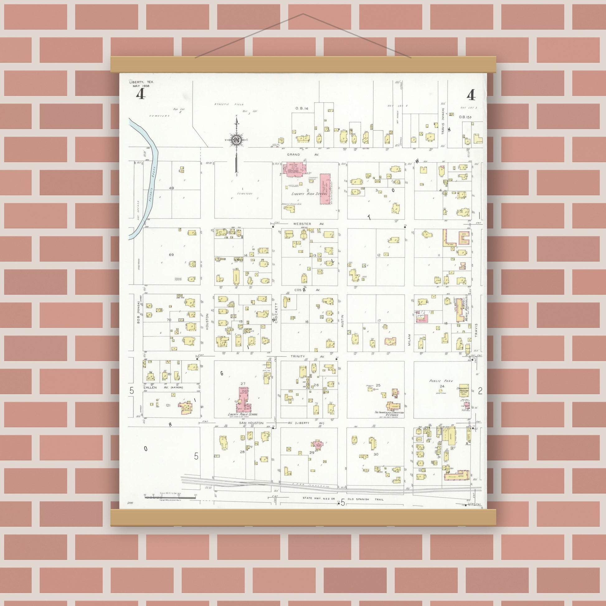 Old map wall art mockup — magnetic wood frame on brick wall — Sanborn Fire Insurance Map from Liberty, Liberty County, Texas (1938), Sheet #0004