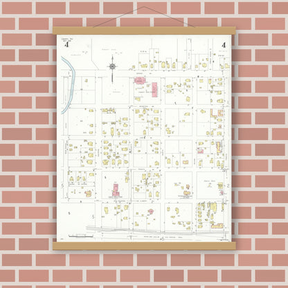 Old map wall art mockup — magnetic wood frame on brick wall — Sanborn Fire Insurance Map from Liberty, Liberty County, Texas (1938), Sheet #0004