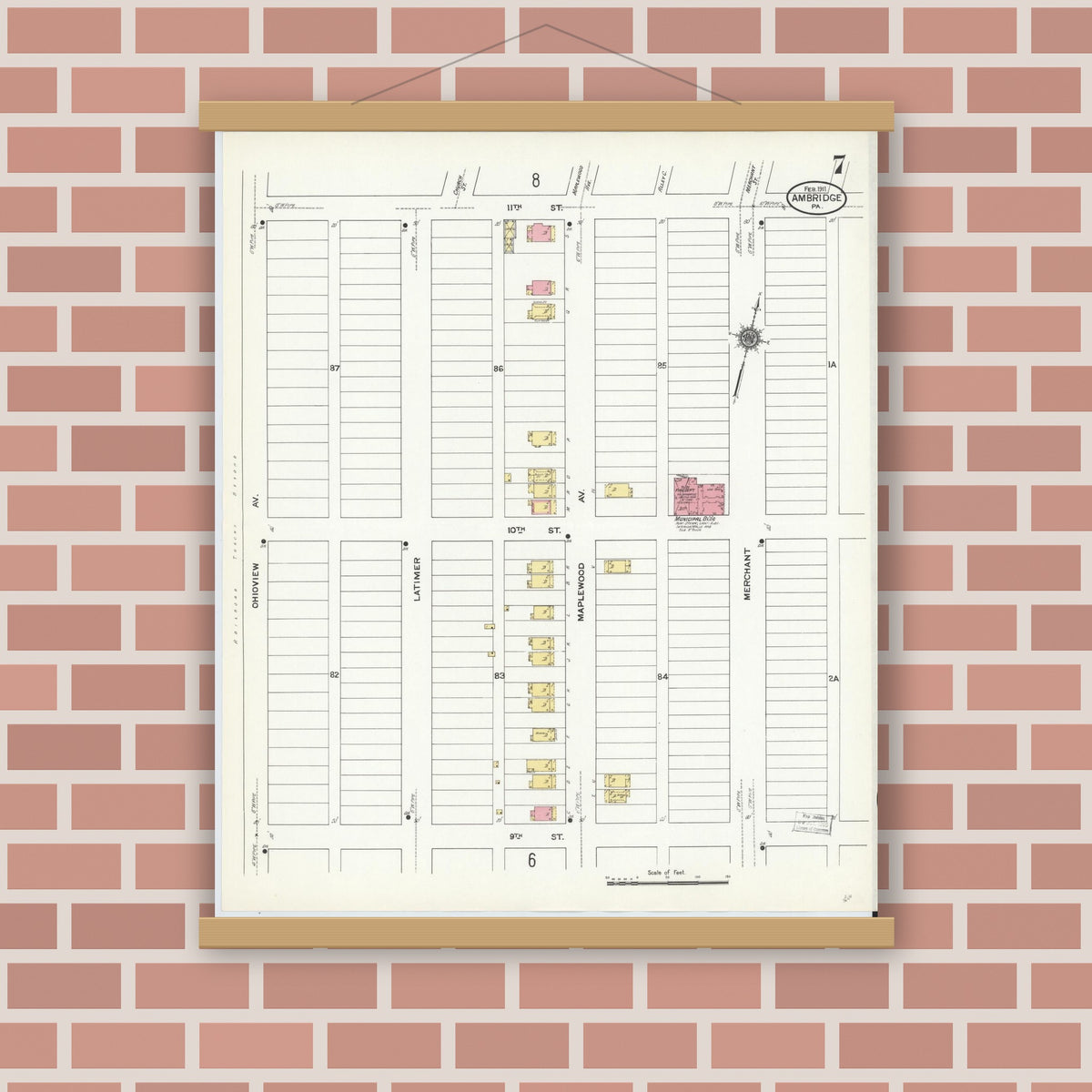 Old map wall art mockup — magnetic wood frame on brick wall — Sanborn Fire Insurance Map from Ambridge, Beaver County, Pennsylvania (1911), Sheet #0007