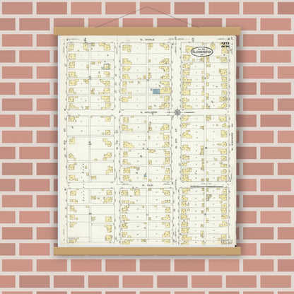Old map wall art mockup — magnetic wood frame on brick wall — Sanborn Fire Insurance Map from Bloomington, Monroe County, Indiana (1913), Sheet #0022