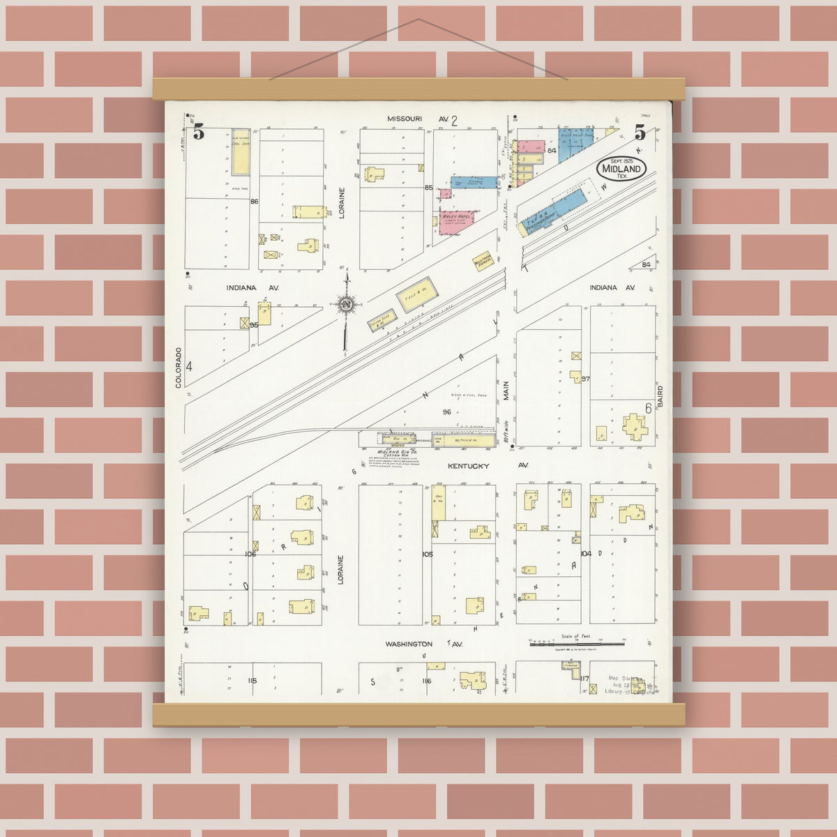 Old map wall art mockup — magnetic wood frame on brick wall — Sanborn Fire Insurance Map from Midland, Midland County, Texas (1925), Sheet #0005