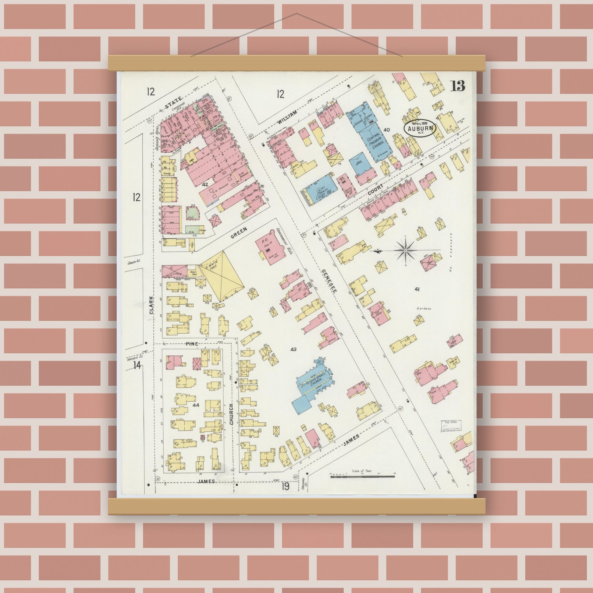 Old map wall art mockup — magnetic wood frame on brick wall — Sanborn Fire Insurance Map from Auburn, Cayuga County, New York (1898), Sheet #0013