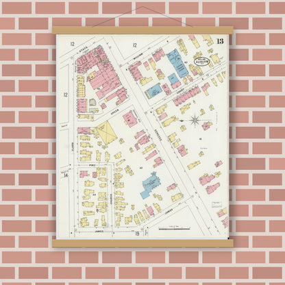 Old map wall art mockup — magnetic wood frame on brick wall — Sanborn Fire Insurance Map from Auburn, Cayuga County, New York (1898), Sheet #0013