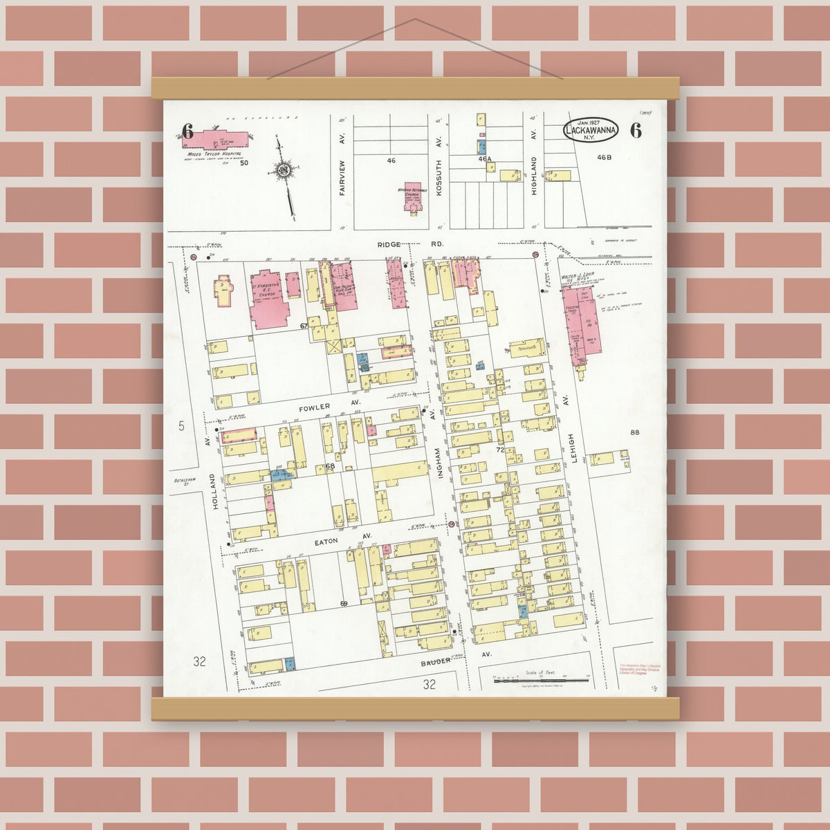 Old map wall art mockup — magnetic wood frame on brick wall — Sanborn Fire Insurance Map from Lackawanna, Erie County, New York (1927), Sheet #0006