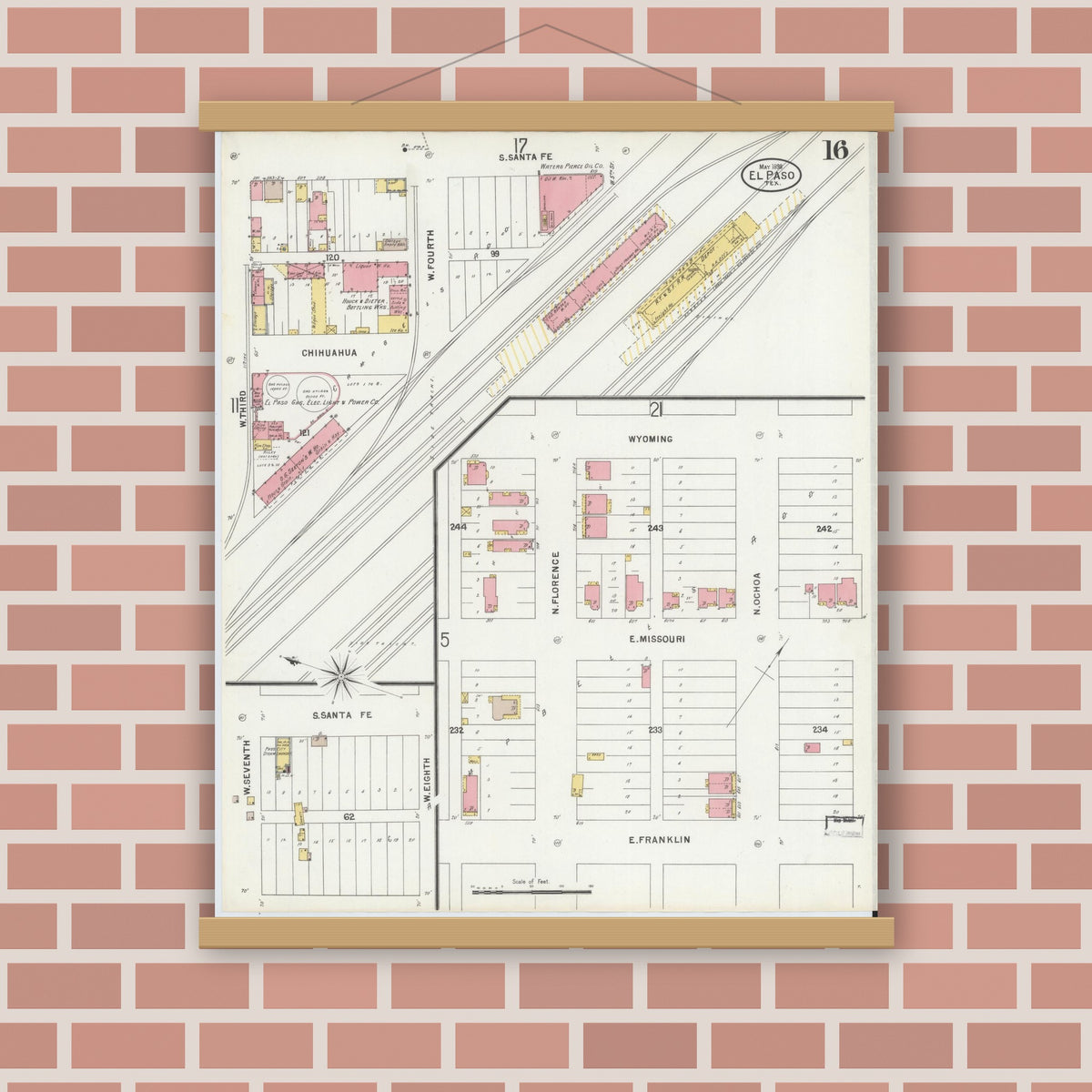 Old map wall art mockup — magnetic wood frame on brick wall — Sanborn Fire Insurance Map from El Paso, El Paso County, Texas (1898), Sheet #0016