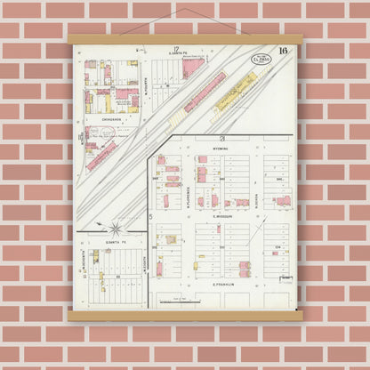 Old map wall art mockup — magnetic wood frame on brick wall — Sanborn Fire Insurance Map from El Paso, El Paso County, Texas (1898), Sheet #0016