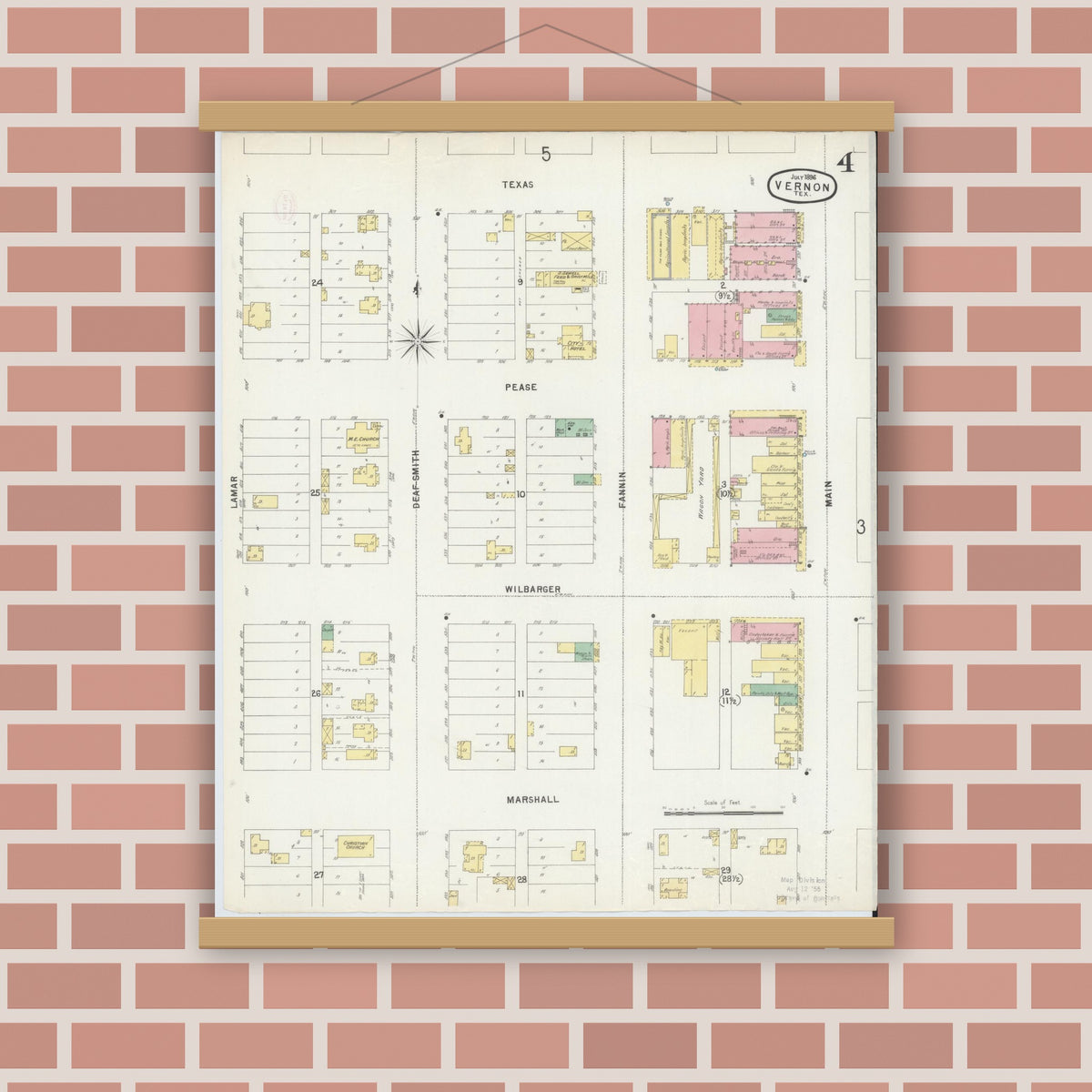 Old map wall art mockup — magnetic wood frame on brick wall — Sanborn Fire Insurance Map from Vernon, Wilbarger County, Texas (1896), Sheet #0004