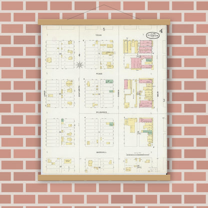 Old map wall art mockup — magnetic wood frame on brick wall — Sanborn Fire Insurance Map from Vernon, Wilbarger County, Texas (1896), Sheet #0004