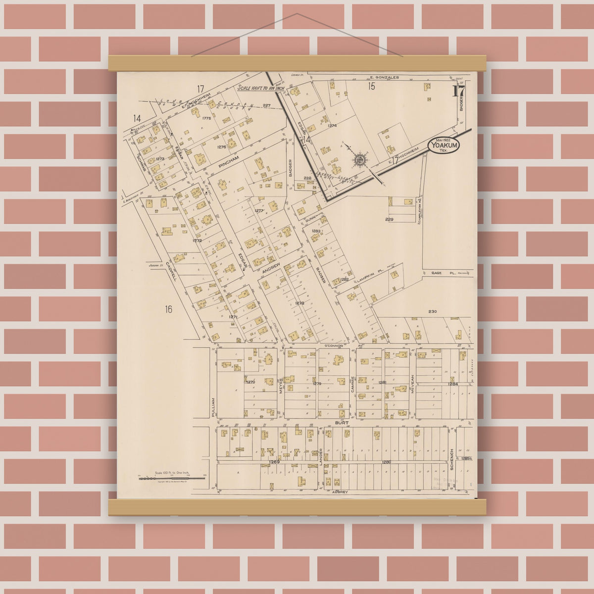 Old map wall art mockup — magnetic wood frame on brick wall — Sanborn Fire Insurance Map from Yoakum, De Witt And Lavaca Counties, Texas (1922), Sheet #0017