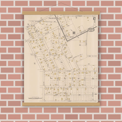 Old map wall art mockup — magnetic wood frame on brick wall — Sanborn Fire Insurance Map from Yoakum, De Witt And Lavaca Counties, Texas (1922), Sheet #0017
