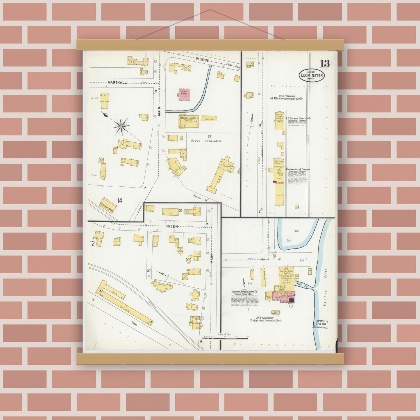 Old map wall art mockup — magnetic wood frame on brick wall — Sanborn Fire Insurance Map from Leominster, Worcester County, Massachusetts (1901), Sheet #0013