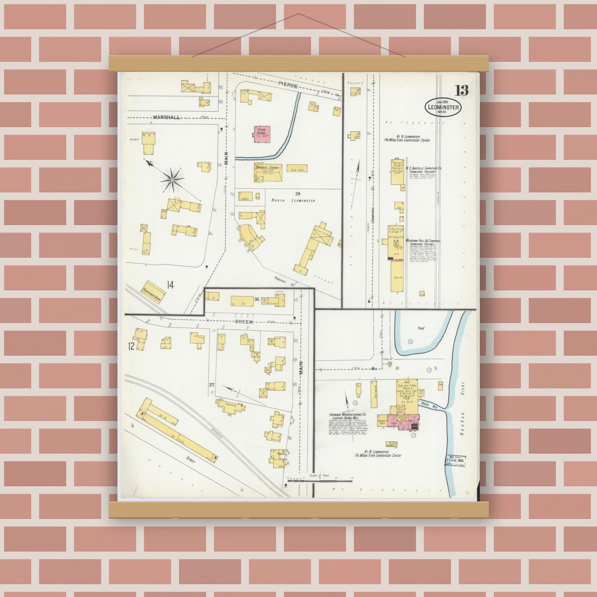 Old map wall art mockup — magnetic wood frame on brick wall — Sanborn Fire Insurance Map from Leominster, Worcester County, Massachusetts (1901), Sheet #0013