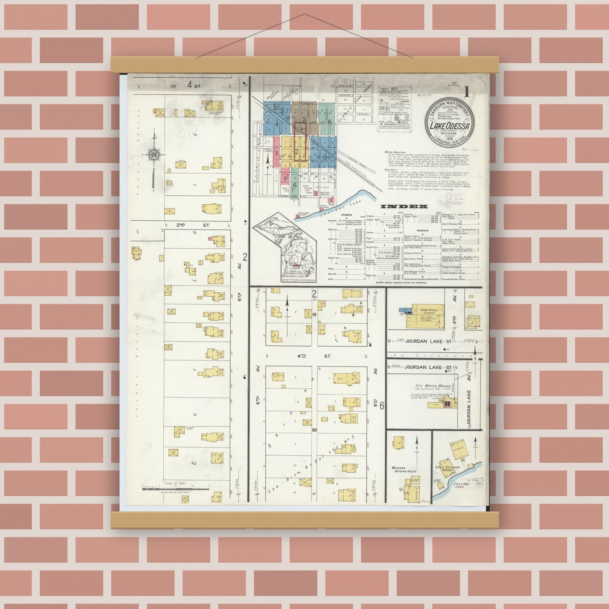 Old map wall art mockup — magnetic wood frame on brick wall — Sanborn Fire Insurance Map from Lake Odessa, Ionia County, Michigan (1918) - Complete Map Set