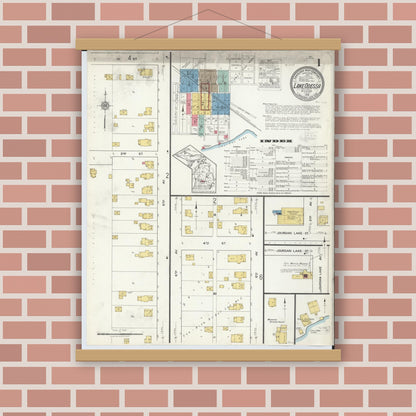 Old map wall art mockup — magnetic wood frame on brick wall — Sanborn Fire Insurance Map from Lake Odessa, Ionia County, Michigan (1918) - Complete Map Set