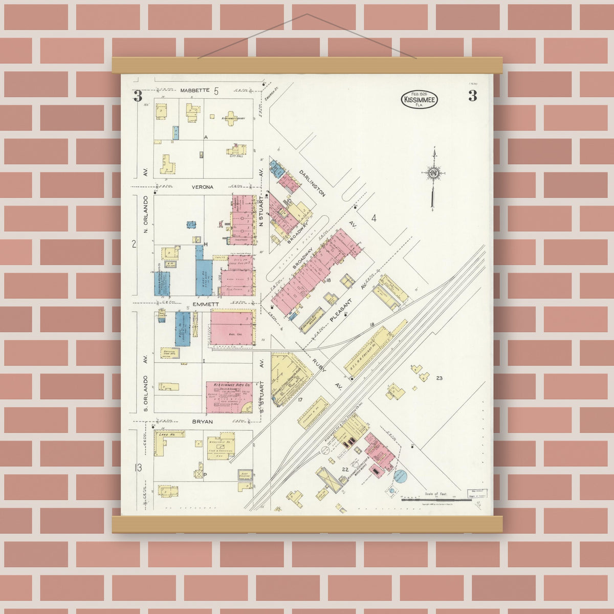 Old map wall art mockup — magnetic wood frame on brick wall — Sanborn Fire Insurance Map from Kissimmee, Osceola County, Florida (1926), Sheet #0003
