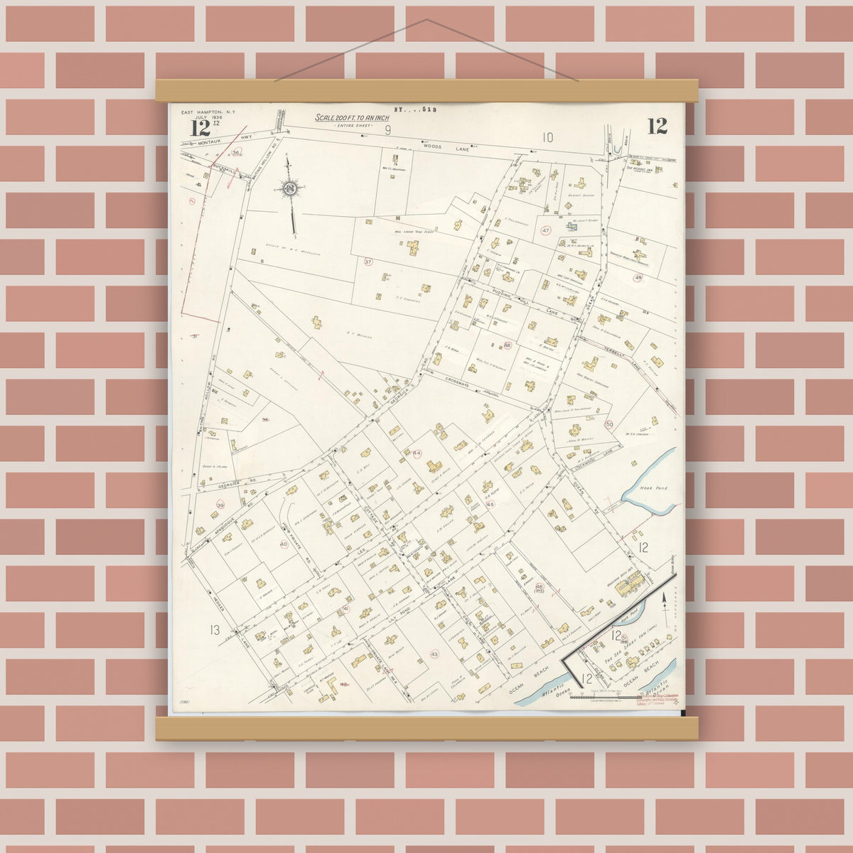 Old map wall art mockup — magnetic wood frame on brick wall — Sanborn Fire Insurance Map from Easthampton, Suffolk County, New York (1943), Sheet #0012