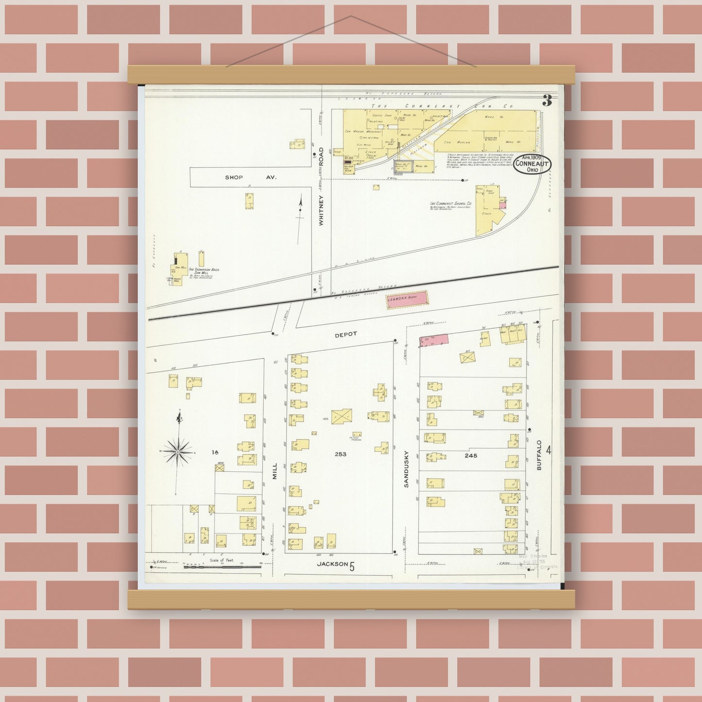 Old map wall art mockup — magnetic wood frame on brick wall — Sanborn Fire Insurance Map from Conneaut, Ashtabula County, Ohio (1909), Sheet #0003